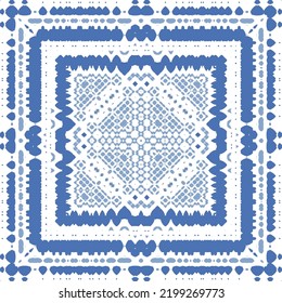 Portuguese ornamental azulejo ceramic. Original design. Vector seamless pattern watercolor. Blue vintage backdrop for wallpaper, web background, towels, print, surface texture, pillows.