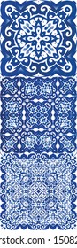 Portuguese ornamental azulejo ceramic. Set of vector seamless patterns. Kitchen design. Blue vintage backdrops for wallpaper, web background, towels, print, surface texture, pillows.