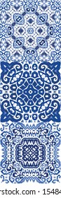 Portuguese ornamental azulejo ceramic. Set of vector seamless patterns. Geometric design. Blue vintage backdrops for wallpaper, web background, towels, print, surface texture, pillows.