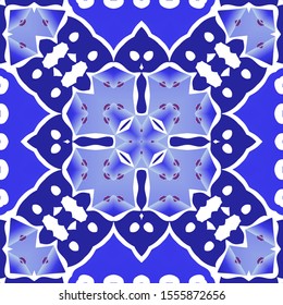 Portuguese ornamental azulejo ceramic. Set of vector seamless patterns. Creative design. Blue vintage backdrops for wallpaper, web background, towels, print, surface texture, pillows.