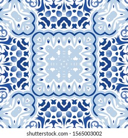 Portuguese ornamental azulejo ceramic. Set of vector seamless patterns. Creative design. Blue vintage backdrops for wallpaper, web background, towels, print, surface texture, pillows.