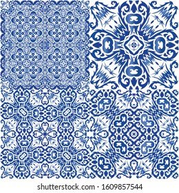 Portuguese ornamental azulejo ceramic. Set of vector seamless patterns. Stylish design. Blue vintage backdrops for wallpaper, web background, towels, print, surface texture, pillows.