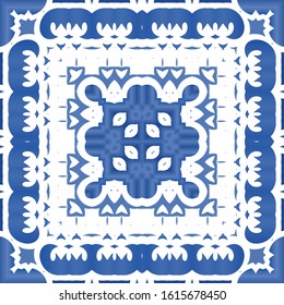 Portuguese ornamental azulejo ceramic. Set of vector seamless patterns. Creative design. Blue vintage backdrops for wallpaper, web background, towels, print, surface texture, pillows.