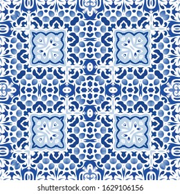 Portuguese ornamental azulejo ceramic. Set of vector seamless patterns. Creative design. Blue vintage backdrops for wallpaper, web background, towels, print, surface texture, pillows.