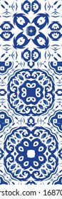 Portuguese ornamental azulejo ceramic. Set of vector seamless patterns. Universal design. Blue vintage backdrops for wallpaper, web background, towels, print, surface texture, pillows.