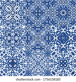 Portuguese ornamental azulejo ceramic. Set of vector seamless patterns. Stylish design. Blue vintage backdrops for wallpaper, web background, towels, print, surface texture, pillows.