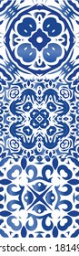 Portuguese ornamental azulejo ceramic. Set of vector seamless patterns. Creative design. Blue vintage backdrops for wallpaper, web background, towels, print, surface texture, pillows.