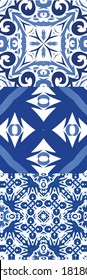Portuguese ornamental azulejo ceramic. Set of vector seamless patterns. Colored design. Blue vintage backdrops for wallpaper, web background, towels, print, surface texture, pillows.