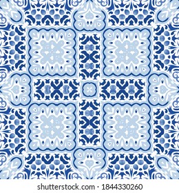 Portuguese ornamental azulejo ceramic. Set of vector seamless patterns. Creative design. Blue vintage backdrops for wallpaper, web background, towels, print, surface texture, pillows.