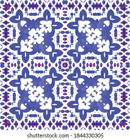 Portuguese ornamental azulejo ceramic. Set of vector seamless patterns. Creative design. Blue vintage backdrops for wallpaper, web background, towels, print, surface texture, pillows.