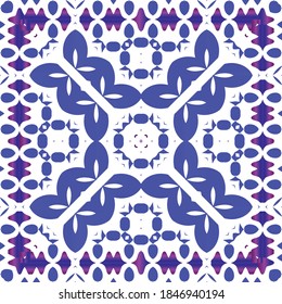 Portuguese ornamental azulejo ceramic. Set of vector seamless patterns. Creative design. Blue vintage backdrops for wallpaper, web background, towels, print, surface texture, pillows.