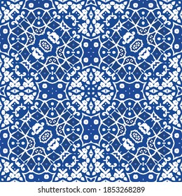 Portuguese ornamental azulejo ceramic. Set of vector seamless patterns. Creative design. Blue vintage backdrops for wallpaper, web background, towels, print, surface texture, pillows.