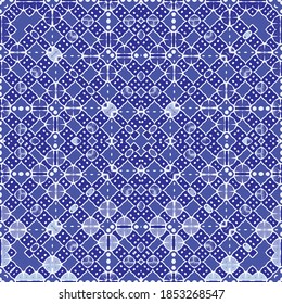Portuguese ornamental azulejo ceramic. Set of vector seamless patterns. Creative design. Blue vintage backdrops for wallpaper, web background, towels, print, surface texture, pillows.