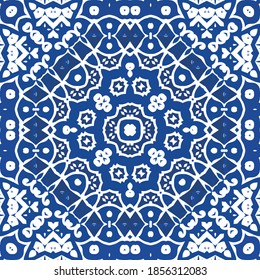 Portuguese ornamental azulejo ceramic. Set of vector seamless patterns. Creative design. Blue vintage backdrops for wallpaper, web background, towels, print, surface texture, pillows.