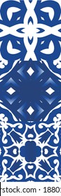 Portuguese ornamental azulejo ceramic. Set of vector seamless patterns. Graphic design. Blue vintage backdrops for wallpaper, web background, towels, print, surface texture, pillows.