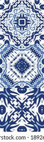 Portuguese ornamental azulejo ceramic. Set of vector seamless patterns. Minimal design. Blue vintage backdrops for wallpaper, web background, towels, print, surface texture, pillows.