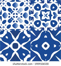 Portuguese ornamental azulejo ceramic. Set of vector seamless patterns. Geometric design. Blue vintage backdrops for wallpaper, web background, towels, print, surface texture, pillows.