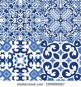 Portuguese ornamental azulejo ceramic. Set of vector seamless patterns. Minimal design. Blue vintage backdrops for wallpaper, web background, towels, print, surface texture, pillows.