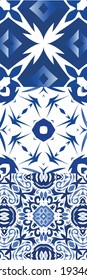 Portuguese ornamental azulejo ceramic. Set of vector seamless patterns. Hand drawn design. Blue vintage backdrops for wallpaper, web background, towels, print, surface texture, pillows.