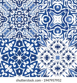 Portuguese ornamental azulejo ceramic. Set of vector seamless patterns. Creative design. Blue vintage backdrops for wallpaper, web background, towels, print, surface texture, pillows.