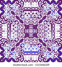 Portuguese ornamental azulejo ceramic. Stylish design. Vector seamless pattern theme. Blue vintage backdrop for wallpaper, web background, towels, print, surface texture, pillows.
