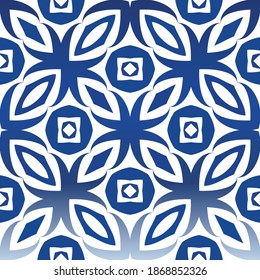 Portuguese ornamental azulejo ceramic. Stylish design. Vector seamless pattern concept. Blue vintage backdrop for wallpaper, web background, towels, print, surface texture, pillows.
