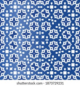 Portuguese ornamental azulejo ceramic. Stylish design. Vector seamless pattern elements. Blue vintage backdrop for wallpaper, web background, towels, print, surface texture, pillows.