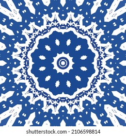 Portuguese ornamental azulejo ceramic. Stylish design. Vector seamless pattern template. Blue vintage backdrop for wallpaper, web background, towels, print, surface texture, pillows.