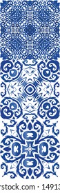 Portuguese ornamental azulejo ceramic. Universal design. Set of vector seamless patterns. Blue vintage backdrops for wallpaper, web background, towels, print, surface texture, pillows.