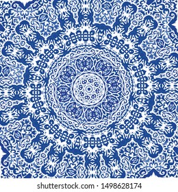 Portuguese ornamental azulejo ceramic. Universal design. Vector seamless pattern poster. Vintage blue backdrop for wallpaper, web background, towels, print, surface texture, pillows.