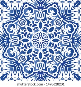 Portuguese ornamental azulejo ceramic. Universal design. Vector seamless pattern poster. Blue vintage backdrop for wallpaper, web background, towels, print, surface texture, pillows.