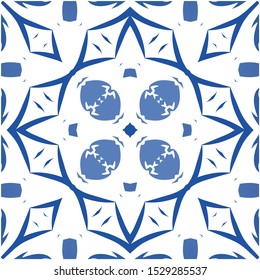 Portuguese ornamental azulejo ceramic. Universal design. Vector seamless pattern poster. Blue vintage backdrop for wallpaper, web background, towels, print, surface texture, pillows.