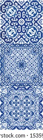 Portuguese ornamental azulejo ceramic. Universal design. Kit of vector seamless patterns. Blue vintage backdrops for wallpaper, web background, towels, print, surface texture, pillows.