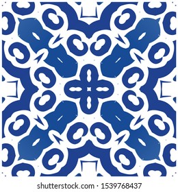 Portuguese ornamental azulejo ceramic. Universal design. Vector seamless pattern poster. Blue vintage backdrop for wallpaper, web background, towels, print, surface texture, pillows.