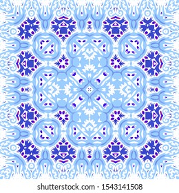 Portuguese ornamental azulejo ceramic. Universal design. Vector seamless pattern poster. Blue vintage backdrop for wallpaper, web background, towels, print, surface texture, pillows.