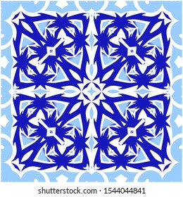 Portuguese ornamental azulejo ceramic. Universal design. Vector seamless pattern poster. Blue vintage backdrop for wallpaper, web background, towels, print, surface texture, pillows.
