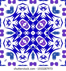 Portuguese ornamental azulejo ceramic. Universal design. Vector seamless pattern poster. Blue vintage backdrop for wallpaper, web background, towels, print, surface texture, pillows.