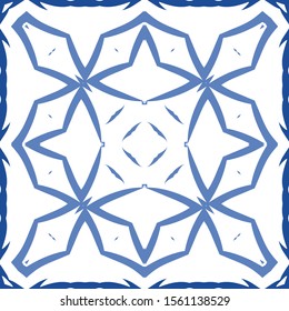 Portuguese ornamental azulejo ceramic. Universal design. Vector seamless pattern poster. Blue vintage backdrop for wallpaper, web background, towels, print, surface texture, pillows.