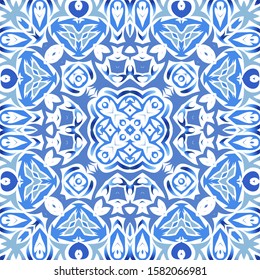 Portuguese ornamental azulejo ceramic. Universal design. Vector seamless pattern poster. Blue vintage backdrop for wallpaper, web background, towels, print, surface texture, pillows.