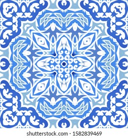 Portuguese ornamental azulejo ceramic. Universal design. Vector seamless pattern poster. Blue vintage backdrop for wallpaper, web background, towels, print, surface texture, pillows.