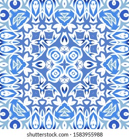 Portuguese ornamental azulejo ceramic. Universal design. Vector seamless pattern poster. Blue vintage backdrop for wallpaper, web background, towels, print, surface texture, pillows.