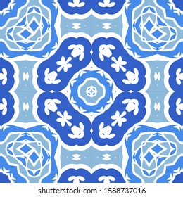 Portuguese ornamental azulejo ceramic. Universal design. Vector seamless pattern poster. Blue vintage backdrop for wallpaper, web background, towels, print, surface texture, pillows.