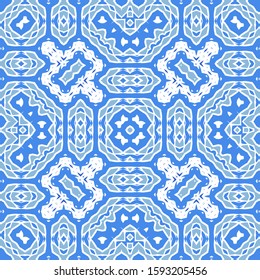 Portuguese ornamental azulejo ceramic. Universal design. Vector seamless pattern poster. Blue vintage backdrop for wallpaper, web background, towels, print, surface texture, pillows.