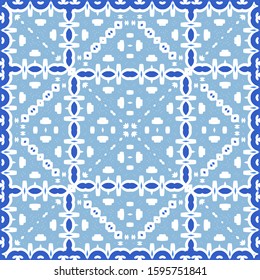 Portuguese ornamental azulejo ceramic. Universal design. Vector seamless pattern poster. Blue vintage backdrop for wallpaper, web background, towels, print, surface texture, pillows.