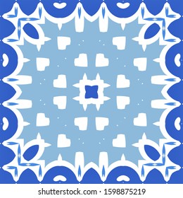 Portuguese ornamental azulejo ceramic. Universal design. Vector seamless pattern poster. Blue vintage backdrop for wallpaper, web background, towels, print, surface texture, pillows.
