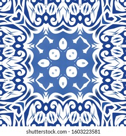 Portuguese ornamental azulejo ceramic. Universal design. Vector seamless pattern poster. Blue vintage backdrop for wallpaper, web background, towels, print, surface texture, pillows.