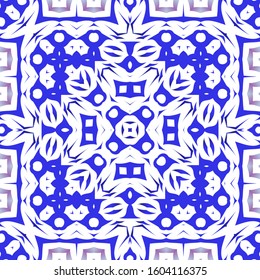 Portuguese ornamental azulejo ceramic. Universal design. Vector seamless pattern poster. Blue vintage backdrop for wallpaper, web background, towels, print, surface texture, pillows.
