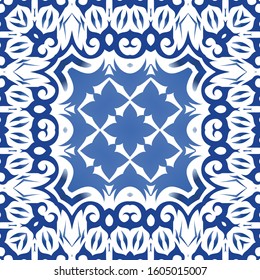 Portuguese ornamental azulejo ceramic. Universal design. Vector seamless pattern poster. Blue vintage backdrop for wallpaper, web background, towels, print, surface texture, pillows.