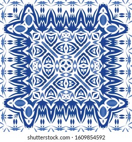 Portuguese ornamental azulejo ceramic. Universal design. Vector seamless pattern poster. Blue vintage backdrop for wallpaper, web background, towels, print, surface texture, pillows.
