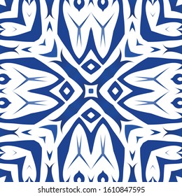 Portuguese ornamental azulejo ceramic. Universal design. Vector seamless pattern poster. Blue vintage backdrop for wallpaper, web background, towels, print, surface texture, pillows.